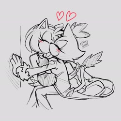 Size: 2048x2048 | Tagged: safe, artist:onlyastraa, amy rose, blaze the cat, cat, hedgehog, 2022, amy x blaze, amy's halterneck dress, blaze's tailcoat, blushing, cute, eyes closed, female, females only, hand on shoulder, hearts, kiss, lesbian, romantic, shipping, sketch