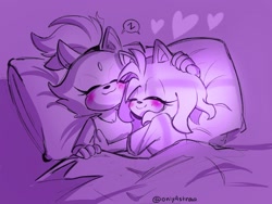 Size: 2048x1536 | Tagged: safe, artist:onlyastraa, amy rose, blaze the cat, cat, hedgehog, 2022, amy x blaze, bed, blushing, cuddling, cute, eyes closed, female, females only, hand on head, hearts, lesbian, shipping, sleeping