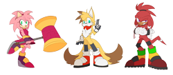 Size: 2048x892 | Tagged: safe, artist:serrybluesoul, sonic frontiers, alternate universe, au:post!frontiers, holding something, piko piko hammer, redesign, simple background, smile, standing, transparent background, trio