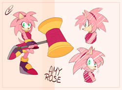 Size: 2048x1513 | Tagged: safe, artist:serrybluesoul, amy rose, sonic frontiers, abstract background, alternate universe, au:post!frontiers, character name, piko piko hammer, redesign, signature, solo