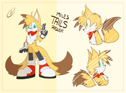 Size: 2048x1513 | Tagged: safe, artist:serrybluesoul, miles "tails" prower, sonic frontiers, abstract background, alternate eye color, alternate universe, au:post!frontiers, bandana, character name, redesign, signature, smile, solo, turquoise eyes