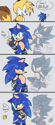 Size: 1359x3072 | Tagged: safe, artist:serrybluesoul, miles "tails" prower, sonic the hedgehog, sonic frontiers, alternate universe, au:post!frontiers, comic, cyber form, cyber sonic, dialogue, english text, facepalm, fingerless gloves, grey background, panels, self paradox, signature, simple background, standing, trio