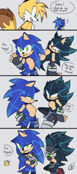 Size: 1359x3072 | Tagged: safe, artist:serrybluesoul, miles "tails" prower, sonic the hedgehog, sonic frontiers, alternate universe, alternate version, au:post!frontiers, comic, cyber form, cyber sonic, dialogue, english text, facepalm, fingerless gloves, grey background, panels, self paradox, signature, simple background, standing, trio