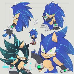 Size: 2048x2048 | Tagged: safe, artist:serrybluesoul, sonic the hedgehog, sonic frontiers, alternate universe, au:post!frontiers, cyber form, cyber sonic, glitch, grey background, signature, simple background, solo