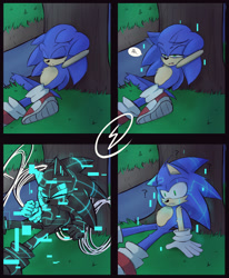 Size: 2048x2486 | Tagged: safe, artist:serrybluesoul, sonic the hedgehog, sonic frontiers, abstract background, alternate universe, au:post!frontiers, comic, eyes closed, floppy ears, glitch, leaning back, outdoors, panels, question mark, relaxing, signature, sitting, solo