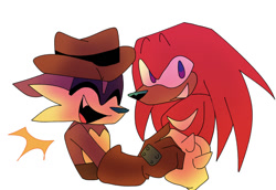 Size: 1240x855 | Tagged: safe, artist:knizuu, knuckles the echidna, nack the weasel, duo, eyes closed, floppy ears, gay, holding hands, knackles, looking at viewer, mouth open, one fang, shipping, simple background, smile, white background