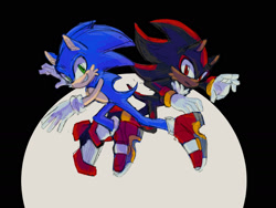 Size: 1595x1201 | Tagged: safe, artist:cherbearsz, shadow the hedgehog, sonic the hedgehog, sonic adventure 2, abstract background, cheek fluff, duo, frown, looking at viewer, mid-air, moon, nighttime, outdoors, posing, redraw, smile, soap shoes