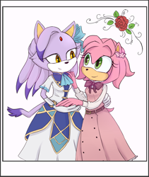 Size: 2088x2477 | Tagged: safe, artist:haruhi_il, amy rose, blaze the cat, cat, hedgehog, 2020, amy x blaze, cute, dress, female, females only, flower, holding hands, lesbian, looking at each other, shipping