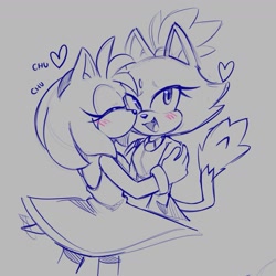Size: 1359x1359 | Tagged: safe, artist:onlyastraa, amy rose, blaze the cat, cat, hedgehog, 2022, amy x blaze, amy's halterneck dress, blaze's tailcoat, blushing, chu, cute, eyes closed, female, females only, hands on shoulders, kiss on cheek, lesbian, mouth open, shipping, sketch