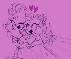 Size: 2048x1698 | Tagged: safe, artist:onlyastraa, amy rose, blaze the cat, cat, hedgehog, 2022, amy x blaze, blushing, cute, female, females only, hearts, lesbian, mouth open, one eye closed, shipping, sparkles, wedding, wedding dress