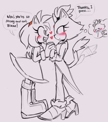 Size: 601x680 | Tagged: safe, artist:onlyastraa, amy rose, blaze the cat, cat, hedgehog, 2022, amy x blaze, amy's halterneck dress, blaze's tailcoat, blushing, cute, english text, female, females only, hearts, holding hands, lesbian, looking at each other, mouth open, shipping, sketch, tail wagging