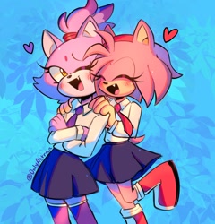 Size: 1354x1413 | Tagged: safe, artist:onlyastraa, amy rose, blaze the cat, cat, hedgehog, 2022, amy x blaze, amybetes, arms folded, blazebetes, blushing, cute, eyes closed, female, females only, hands on shoulders, hearts, lesbian, mouth open, one eye closed, schoolgirl outfit, shipping