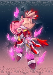 Size: 2892x4096 | Tagged: safe, artist:cylikaart, amy rose, blaze the cat, burning blaze, cat, hedgehog, 2020, amy x blaze, amy's halterneck dress, blaze's tailcoat, blushing, carrying them, cute, eyes closed, female, females only, flames, lesbian, mouth open, shipping, star (symbol), super form