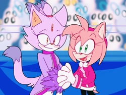 Size: 2048x1536 | Tagged: safe, artist:artyyline, amy rose, blaze the cat, cat, hedgehog, 2019, amy x blaze, cute, female, females only, holding hands, lesbian, looking at viewer, mario & sonic at the olympic games, mouth open, shipping