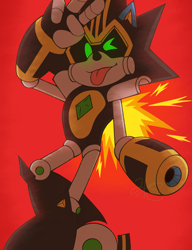 Size: 1998x2598 | Tagged: safe, artist:2x-smiles, shard the metal, black sclera, fire, glowing eyes, green eyes, looking at viewer, red background, robot, simple background, solo, standing, tongue out, v sign, wink