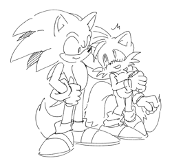 Size: 915x879 | Tagged: safe, artist:shinhogoesreal, miles "tails" prower, sonic the hedgehog, 2017, arm around shoulders, blushing, duo, gay, line art, looking at each other, mouth open, shipping, simple background, smile, sonic x tails, standing, surprised, white background