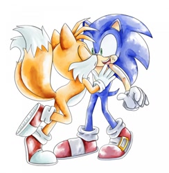 Size: 1250x1280 | Tagged: safe, artist:peltslash, miles "tails" prower, sonic the hedgehog, 2017, duo, eyes closed, gay, hand on chest, looking at them, mouth open, nuzzle, shipping, sonic x tails, standing, standing on one leg, surprised, sweatdrop