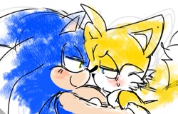 Size: 873x559 | Tagged: safe, artist:s2_lina_, miles "tails" prower, sonic the hedgehog, 2017, blushing, duo, frown, gay, lidded eyes, looking at each other, shipping, simple background, sketch, smile, sonic x tails, sweatdrop, white background