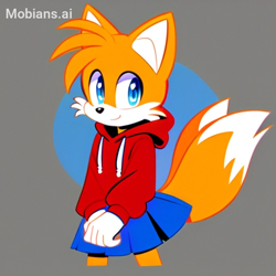 Size: 512x512 | Tagged: safe, ai art, artist:mobians.ai, miles "tails" prower, abstract background, hands together, hoodie, looking offscreen, prompter:taeko, skirt, smile, solo, standing, trans female, transgender