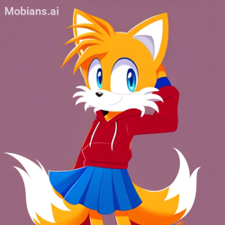 Size: 512x512 | Tagged: safe, ai art, artist:mobians.ai, miles "tails" prower, hand behind head, hoodie, looking offscreen, prompter:taeko, purple background, simple background, skirt, smile, solo, standing, trans female, transgender