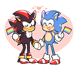 Size: 594x524 | Tagged: safe, artist:blushily, shadow the hedgehog, sonic the hedgehog, 2019, abstract background, blushing, cute, duo, eyes closed, flag, gay, gay pride, heart, holding something, pride, pride flag, shadow x sonic, shadowbetes, shipping, smile, sonabetes