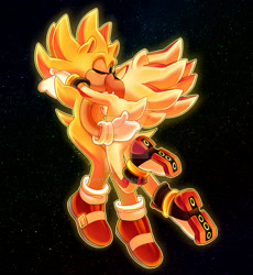 Size: 1600x1742 | Tagged: safe, artist:apotoz, shadow the hedgehog, sonic the hedgehog, super shadow, super sonic, 2019, abstract background, duo, eyes closed, flying, gay, holding each other, kiss, outline, shadow x sonic, shipping, star (sky), super form