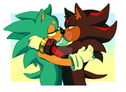 Size: 1024x754 | Tagged: safe, artist:apotoz, shadow the hedgehog, sonic the hedgehog, 2019, abstract background, beanbrows, blushing, border, cute, deviantart watermark, duo, ear fluff, gay, holding each other, lidded eyes, looking at each other, obtrusive watermark, shadow x sonic, shadowbetes, shipping, smile, sonabetes, standing, watermark