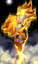 Size: 1152x1920 | Tagged: safe, artist:rizzpet, shadow the hedgehog, sonic the hedgehog, super shadow, super sonic, abstract background, clouds, duo, eyes closed, flying, gay, holding each other, kiss, moon, nighttime, outdoors, shadow x sonic, shipping, super form