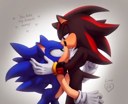Size: 736x602 | Tagged: safe, artist:rizzpet, shadow the hedgehog, sonic the hedgehog, blushing, dialogue, duo, english text, gay, heart, holding them, lidded eyes, mouth open, shadow x sonic, shipping, signature, standing