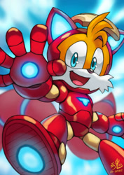 Size: 800x1132 | Tagged: safe, artist:ry-spirit, miles "tails" prower, 2023, abstract background, cosplay, iron man, looking at viewer, mouth open, signature, smile, solo, the avengers