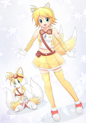 Size: 630x900 | Tagged: safe, artist:neotwenty1, miles "tails" prower, human, 2014, abstract background, anime, commission, cosplay, duo, kagamine rin, sonic boom (tv)
