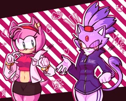 Size: 1300x1038 | Tagged: safe, artist:daniart_xd, amy rose, blaze the cat, cat, hedgehog, 2023, amy x blaze, blushing, cute, female, females only, hearts, hello kitty, lesbian, looking at each other, one eye closed, shipping