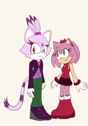 Size: 1431x2048 | Tagged: safe, artist:wpordinary, amy rose, blaze the cat, cat, hedgehog, 2022, amy x blaze, cute, female, females only, lesbian, looking at viewer, shipping