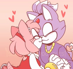 Size: 2048x1958 | Tagged: safe, artist:geek_sketch, amy rose, blaze the cat, cat, hedgehog, 2022, amy x blaze, amy's halterneck dress, blaze's tailcoat, cute, eyes closed, female, females only, hearts, holding hands, kiss, lesbian, shipping