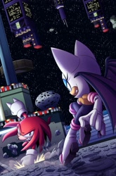 Size: 1318x2000 | Tagged: safe, artist:artbunii, knuckles the echidna, rouge the bat, charging, fight, looking at each other, meteor herd, outdoors, outer space, rouge's heart top