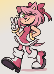 Size: 1765x2390 | Tagged: safe, artist:summers-art, amy rose, amybetes, blushing, bow, cute, gradient background, hand on hip, heart nose, looking at viewer, smile, solo, v sign, walking, wink