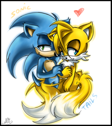Size: 800x900 | Tagged: artist needed, safe, miles "tails" prower, sonic the hedgehog, 2013, border, character name, duo, gay, gloves off, heart, lidded eyes, mouth open, shipping, signature, simple background, smile, sonic x tails, standing, white background