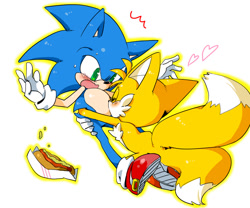 Size: 840x700 | Tagged: artist needed, safe, miles "tails" prower, sonic the hedgehog, 2013, blushing, chili dog, duo, eyes closed, gay, heart, hugging, looking at them, outline, shipping, simple background, sonic x tails, surprise hug, sweatdrop, white background