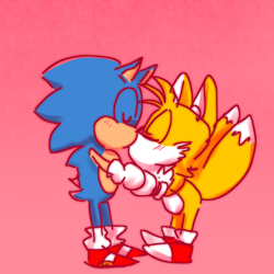 Size: 1200x1200 | Tagged: safe, artist:jokesitos-art, miles "tails" prower, sonic the hedgehog, blushing, cute, duo, eyes closed, gay, holding hands, kiss, pink background, shipping, simple background, sonabetes, sonic x tails, standing, tailabetes