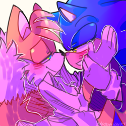 Size: 750x750 | Tagged: safe, artist:leoyoraan, miles "tails" prower, sonic the hedgehog, aged up, blushing, duo, gay, holding another's arm, lab coat, lidded eyes, looking at each other, older, outline, shipping, signature, simple background, smile, sonic x tails, white background