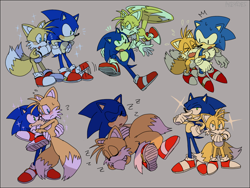 Size: 1026x770 | Tagged: safe, artist:444x444, miles "tails" prower, sonic the hedgehog, 2015, blushing, duo, flying, gay, grey background, holding them, question mark, shipping, simple background, sleeping, sonic x tails, sparkles, spinning tails, sweatdrop, tapping foot, zzz