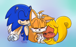 Size: 706x438 | Tagged: source needed, safe, artist:devotedsidekick, miles "tails" prower, ray the flying squirrel, sonic the hedgehog, adopted fankid, blushing, cute, eyes closed, family, father and son, floppy ears, gay, gradient background, hand on another's head, hugging, parent:sonic, parent:tails, parents:sontails, shipping, signature, smile, sonic x tails, trio