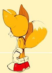 Size: 500x700 | Tagged: safe, artist:octopud, miles "tails" prower, back view, simple background, solo, standing, yellow background