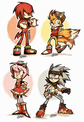 Size: 1016x1472 | Tagged: safe, artist:z-doodler, amy rose, knuckles the echidna, miles "tails" prower, sonic the hedgehog, abstract background, bandana, beanie, belt, frown, group, ring, shirt, signature, smile, spiked bracelet, spiked collar, standing, sunglasses, wink