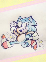 Size: 822x1097 | Tagged: safe, artist:floralete, sonic the hedgehog, classic sonic, clenched fists, mouth open, running, smile, sparkles, star (symbol), traditional media