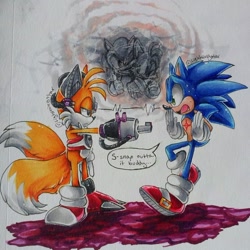 Size: 930x929 | Tagged: safe, artist:lightningstar1389, miles "tails" prower, sonic the hedgehog, cyborg, cyborg tails, dialogue, duo, english text, hands up, lidded eyes, looking at each other, partially roboticized, scene interpretation, sonic lost world, speech bubble, standing, sweatdrop, traditional media