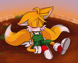 Size: 1000x806 | Tagged: safe, artist:devotedsidekick, miles "tails" prower, abstract background, apron, blushing, eyes closed, fence, floppy ears, flowers, frown, garden, outdoors, sitting, solo, sunset, sweatdrop