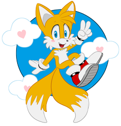 Size: 950x991 | Tagged: safe, artist:devotedsidekick, miles "tails" prower, blushing, clouds, heart, looking at viewer, mid-air, mouth open, semi-transparent background, smile, solo, v sign