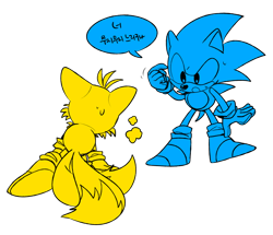 Size: 750x645 | Tagged: safe, artist:rapin091, miles "tails" prower, sonic the hedgehog, dialogue, duo, korean text, looking at them, mouth open, simple background, speech bubble, standing, sweatdrop, tired, transparent background