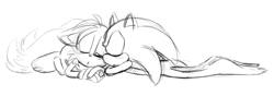 Size: 800x281 | Tagged: safe, artist:miles-electric, miles "tails" prower, sonic the hedgehog, barefoot, blushing, duo, eyes closed, floppy ears, gay, line art, lying on front, mouth open, shipping, simple background, sketch, sleeping, sonic x tails, white background